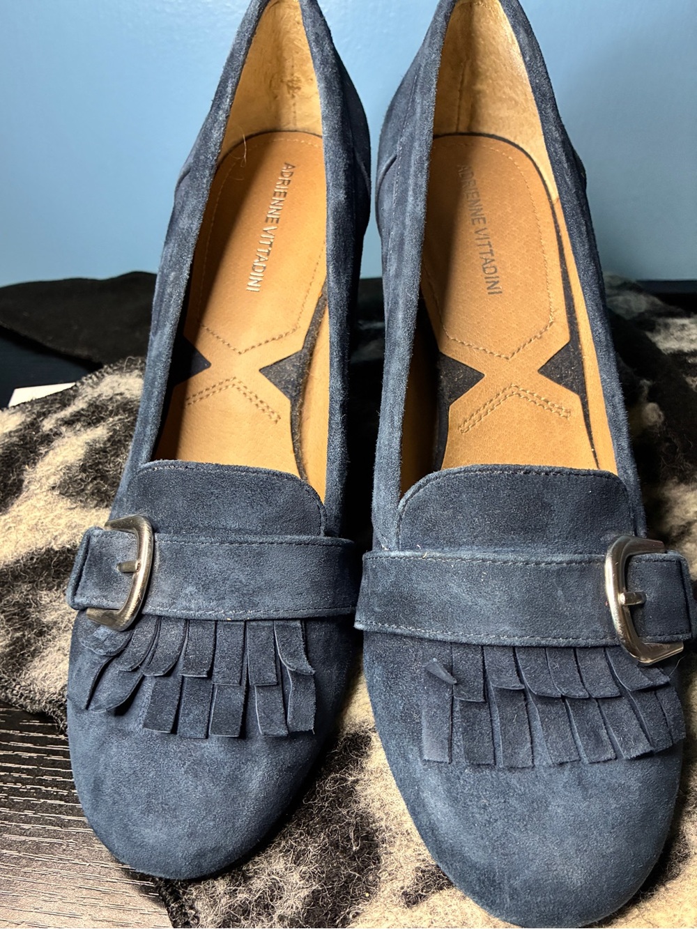 Adrienne Vittadini Navy Suede Kiltie Heeled Loafers with Buckle